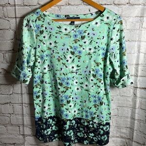 Karen Scott Floral Knit Top Sz M Mint Green Bloomcore Cottagecore